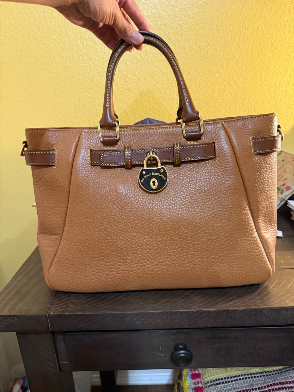 Dooney & Bourke Cognac Pebbled Leather Satchel with Gold Hardware - Picture 3 of 7